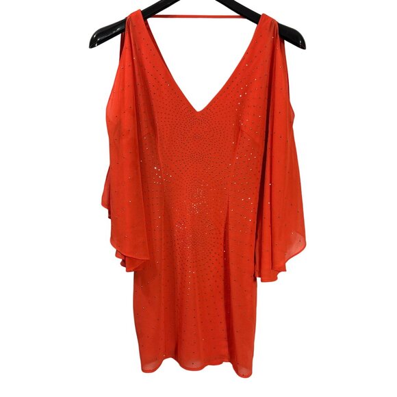 Bebe Orange Gold Rhinestone Embellished V-Neck Chiffon Mini Dress Flowy XS - Picture 1 of 8